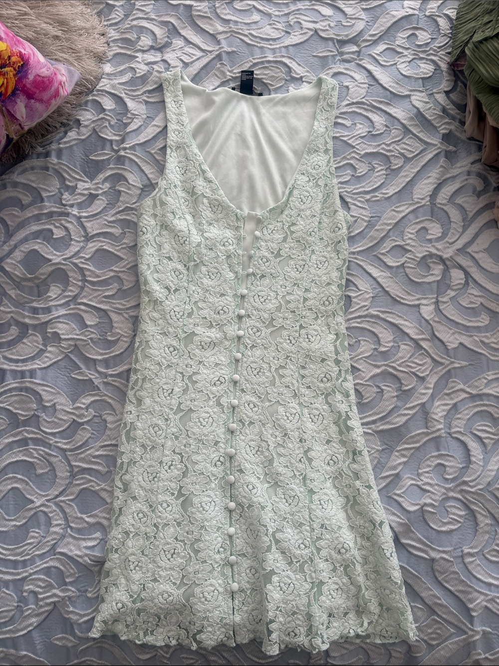 Sleeveless Lace Button-Front Mini Dress in Pale Mint